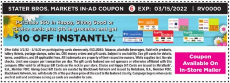 Stater Bros gift card deal 03.01.22