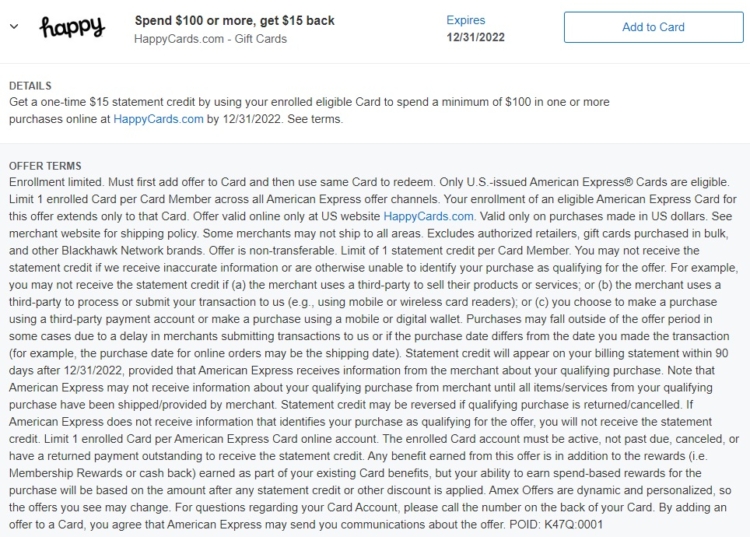 Happy Cards Amex Offer Spend $100 Get $15 12.31.22