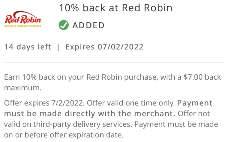 Red Robin Chase Offer 10% $70 spend 07.02.22