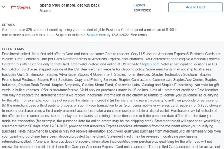 Staples Amex Offer Spend $100 Get $25 12.31.22