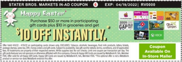 Stater Bros gift card deal 04.05.22.