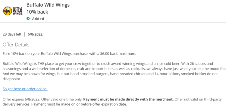 Buffalo Wild Wings Chase Offer 10% $60 Spend