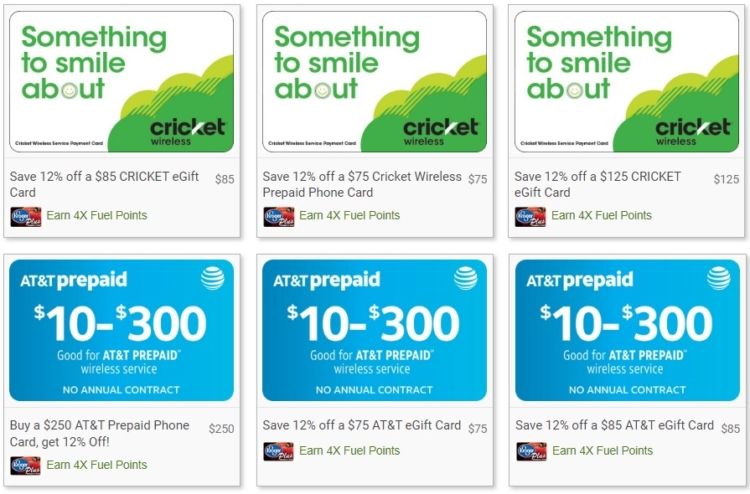 Kroger Cricket Wireless AT&T gift cards 12% discount