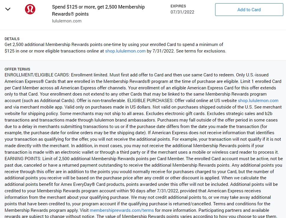 (EXPIRED) Lululemon Amex Offer Spend 125 & Get 2,500 Membership