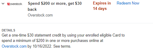 Overstock Amex Offer spend $200 get $30 10.16.22