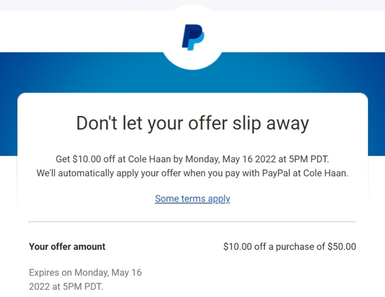 PayPal Cole Haan $10 Off $50