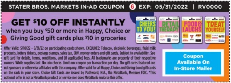 Stater Bros gift card deal 05.18.22.