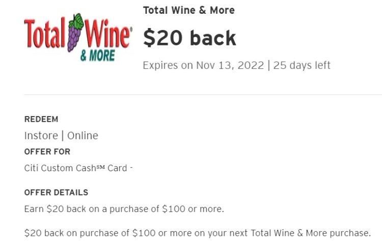 Total Wine Citi Offer Spend $100 Get $20 Back 11.13.22