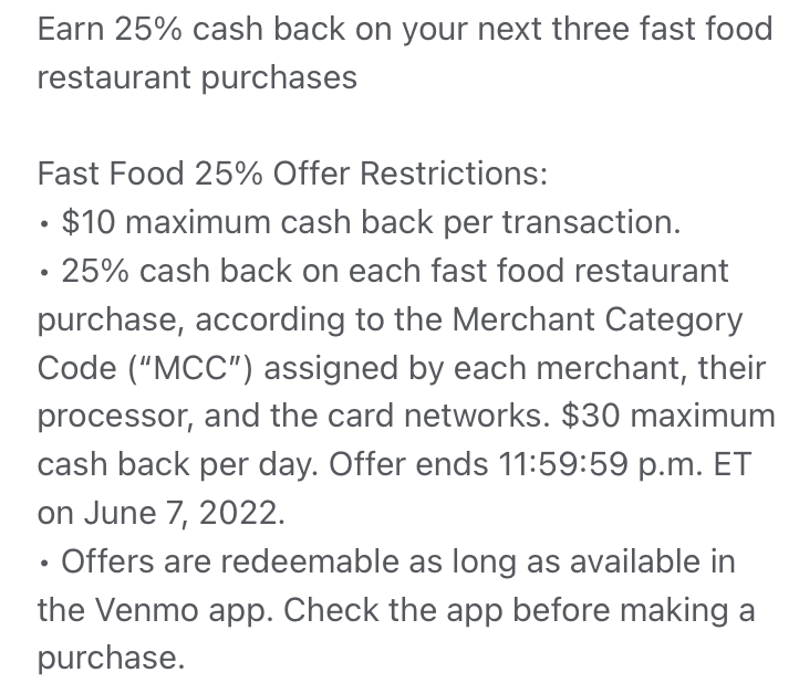 Venmo debit card 25% off fast food