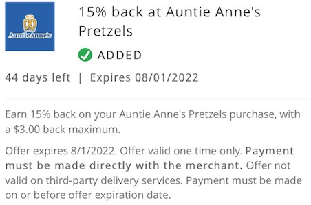 Auntie Anne's Chase Offer 15% $20 spend 08.01.22