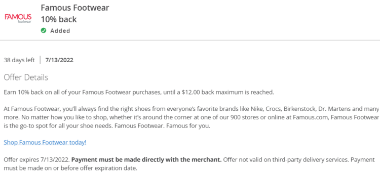 Famous Footwear Chase Offer 10% $120 07.13.22