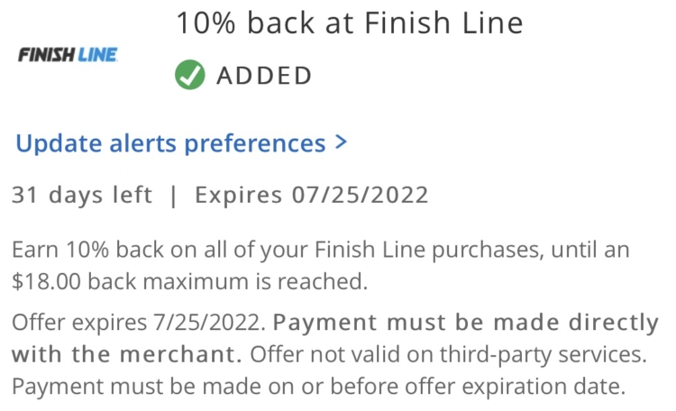 Finish Line Chase Offer 10% $180 Spend