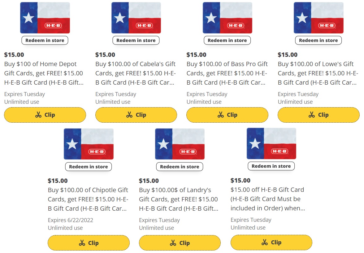 (EXPIRED) HEB Buy 100 Select Gift Cards & Get 15 HEB Gift Cards