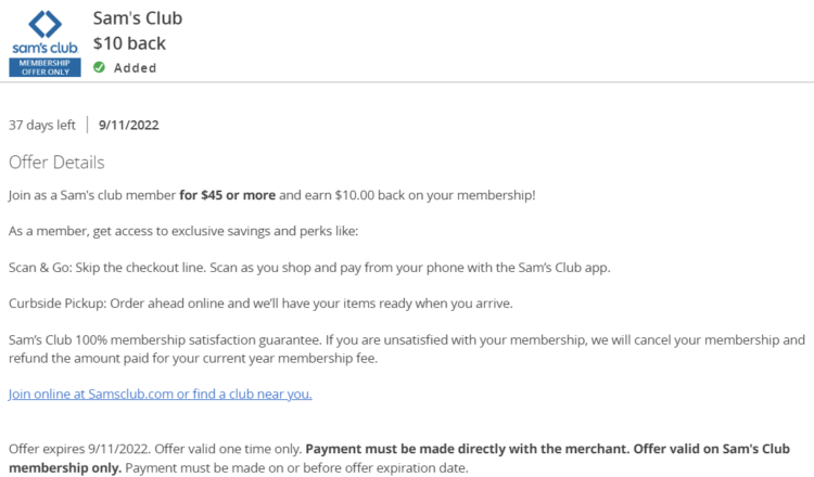 Sam's Club membership Chase Offer 09.11.22