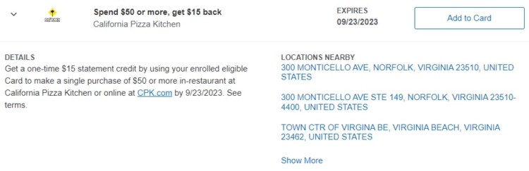 California Pizza Kitchen Amex Offer spend $50 get $15 back 09.23.23