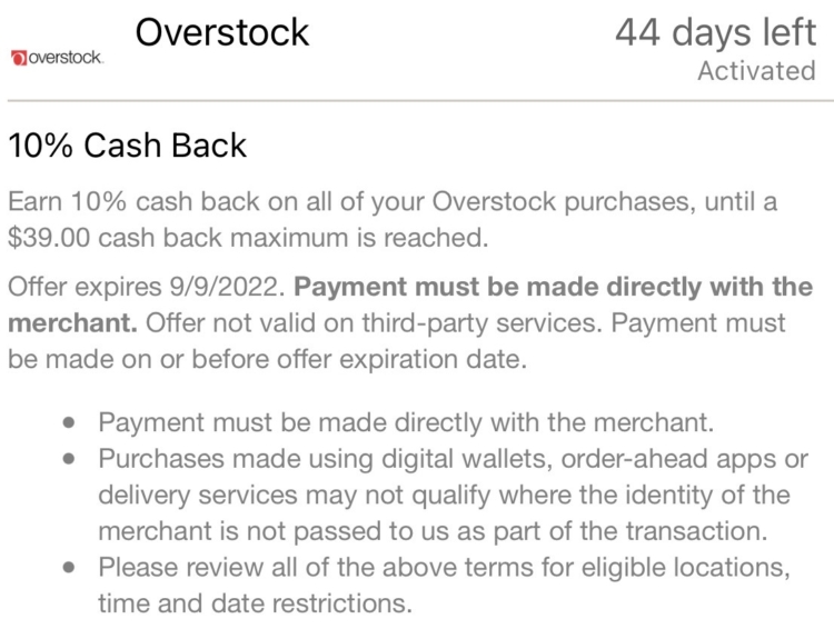 Overstock 10% back $390 spend 09.09.22