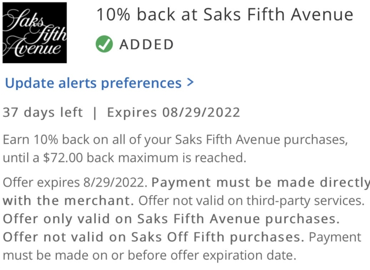 Saks Fifth Avenue Chase Offer 10% Back $720 Spend 08.29.22