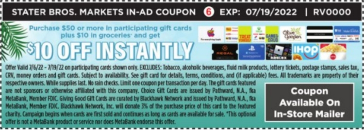 Stater Bros gift card deal 07.05.22.