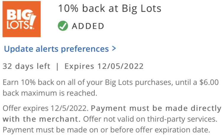 Big Lots Chase Offer 10% $60 12.05.22