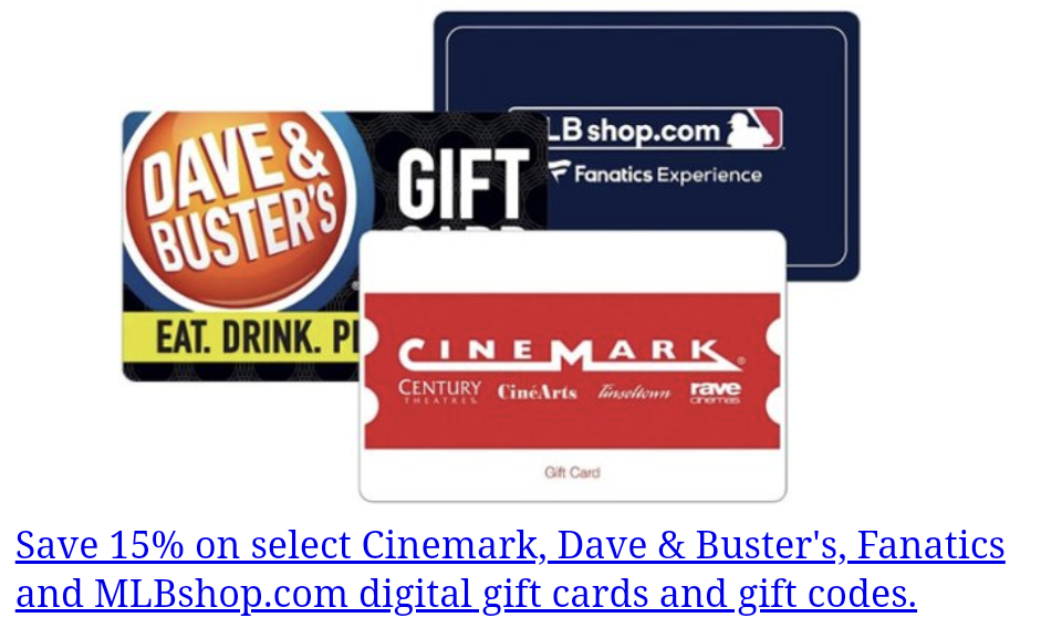 (EXPIRED) Best Buy Save 15 On Select Gift Cards (Cinemark, Dave