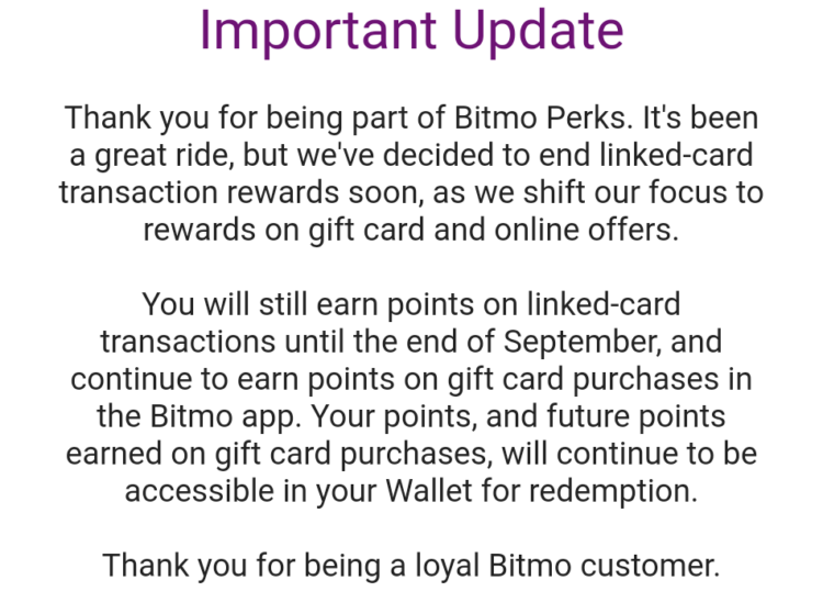 Bitmo card-linked offers ending
