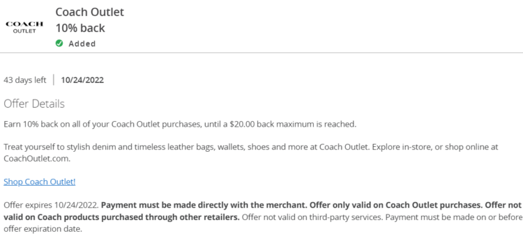 Coach Outlet Chase Offer 10% $200 spend 10.24.22