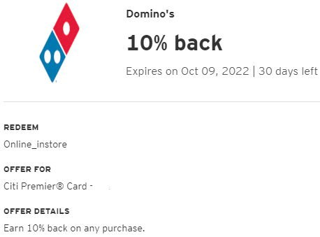 Domino's Citi Offer 10% back