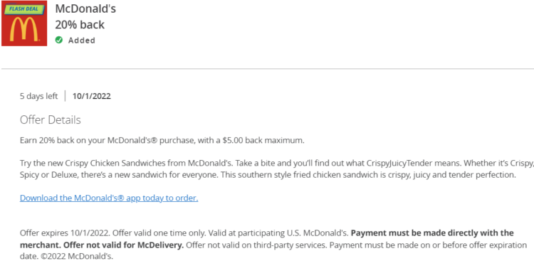 McDonald's Chase Offer 20% $25 spend 10.01.22