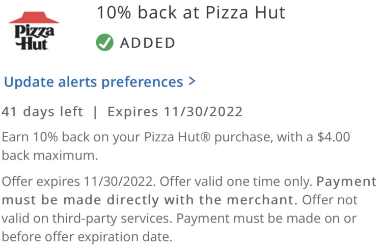 Pizza Hut Chase Offer 10% $40 spen 11.30.22