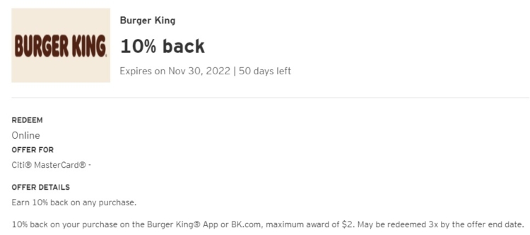 Burger King Citi Offer 10% back 11.30.22