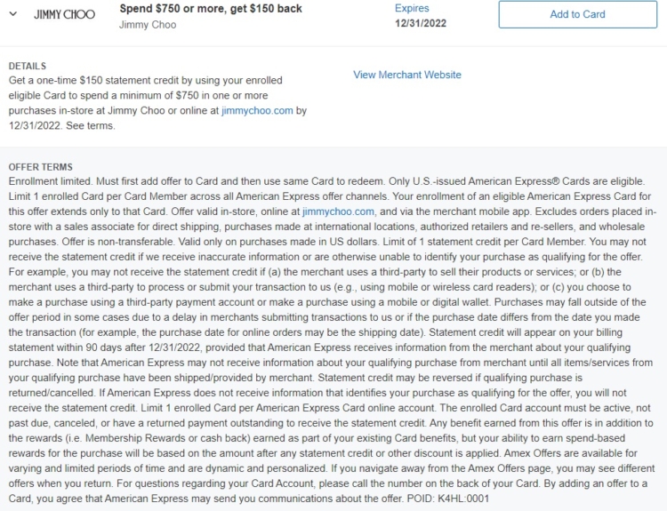Jimmy Choo Amex Offer Spend $750 Get $150 12.31.22