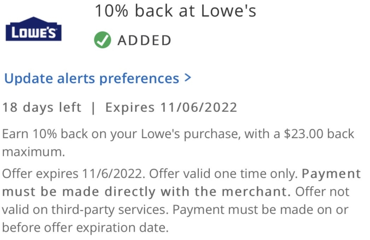 Lowe's Chase Offer 10% Back $230 Spend 11.06.22