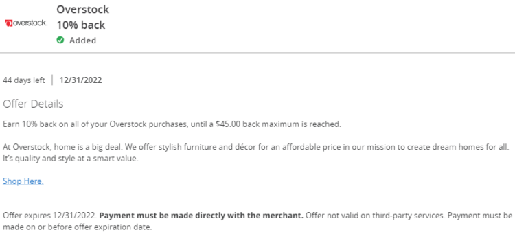 Overstock Chase Offer 10% $450 spend 12.31.22