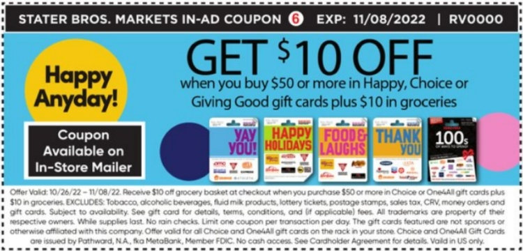 Stater Bros gift card deal 10.25.22