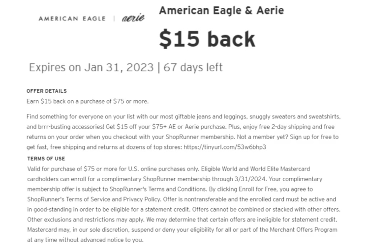 American Eagle Aerie Citi Offer Spend $75 Get $15