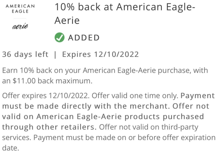 American Eagle Chase Offer 10% $110 spend 12.10.22