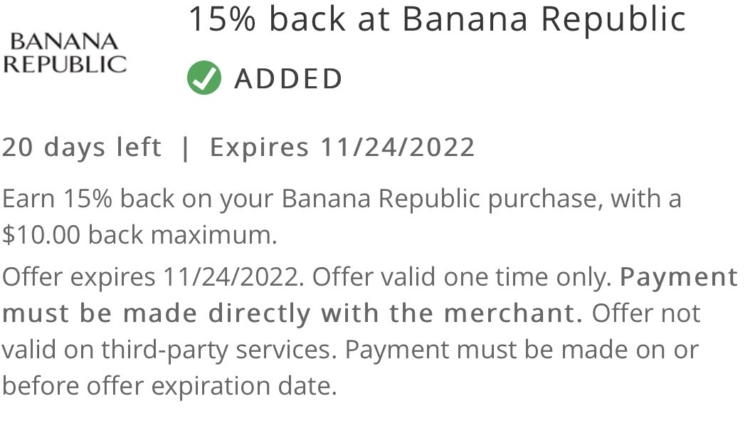 Banana Republic Chase Offer 15% $66.67 spend 11.24.22