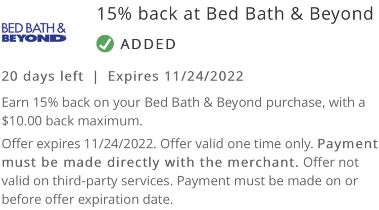 Bed Bath & Beyond Chase Offer 15% $66.67 Spend 11.24.22