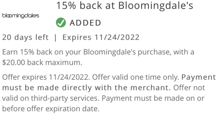 Bloomingdale's Chase Offer 15% $133.33 spend 11.24.22