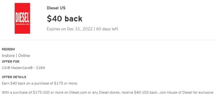 Diesel Citi Offer Spend $175 Get $40