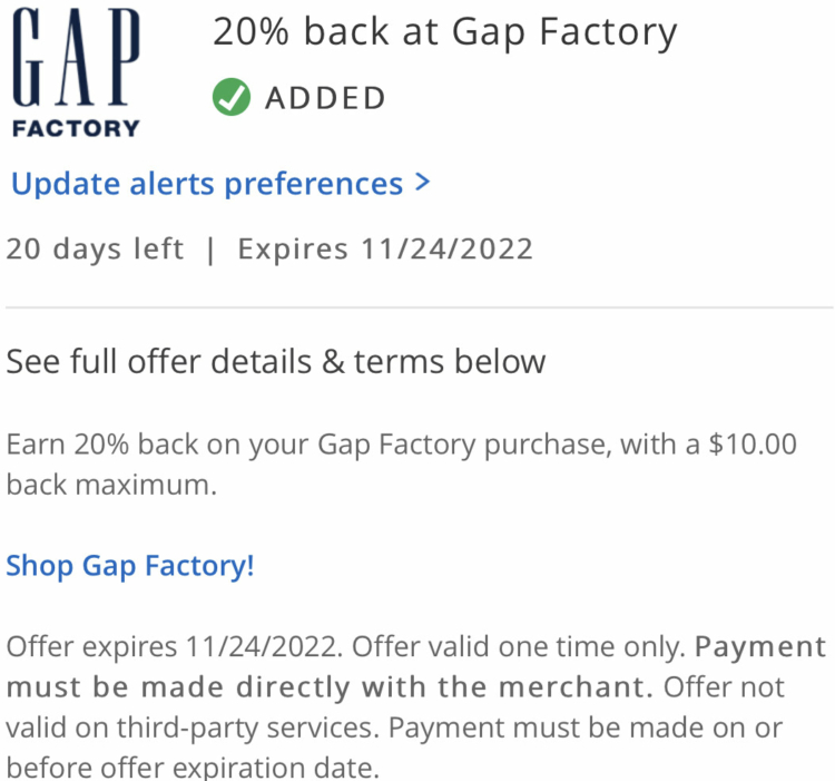 Gap Factory Chase Offer 20% back $50 spend 11.24.22