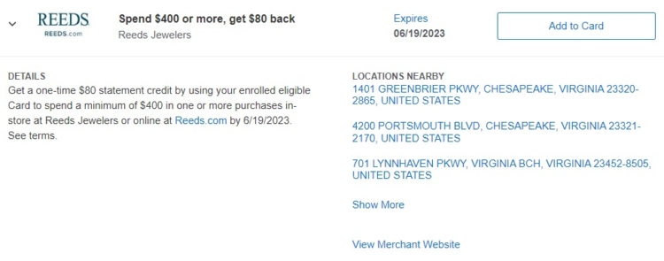 Reeds Jewelers Amex Offer spend $40 get $80 06.19.23