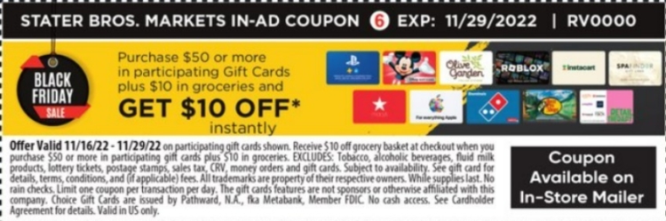 Stater Bros gift card deal 11.22.22.