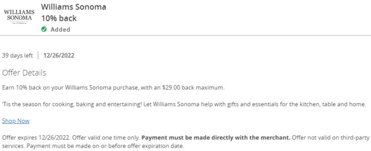 Williams Sonoma Chase Offer 10% $290 spend 12.26.22