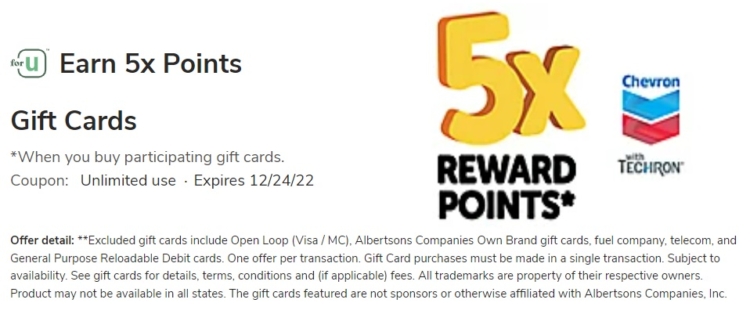 Albertsons 5x all gift cards 12.21.22