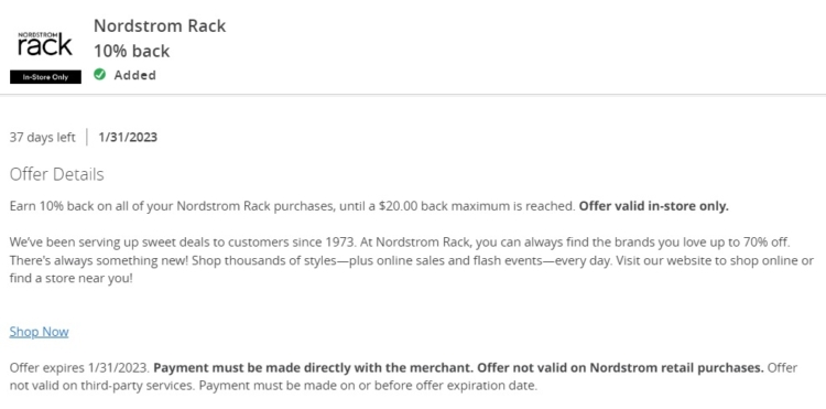 Nordstrom Rack Chase Offer 10% back $200 spend 01.31.23