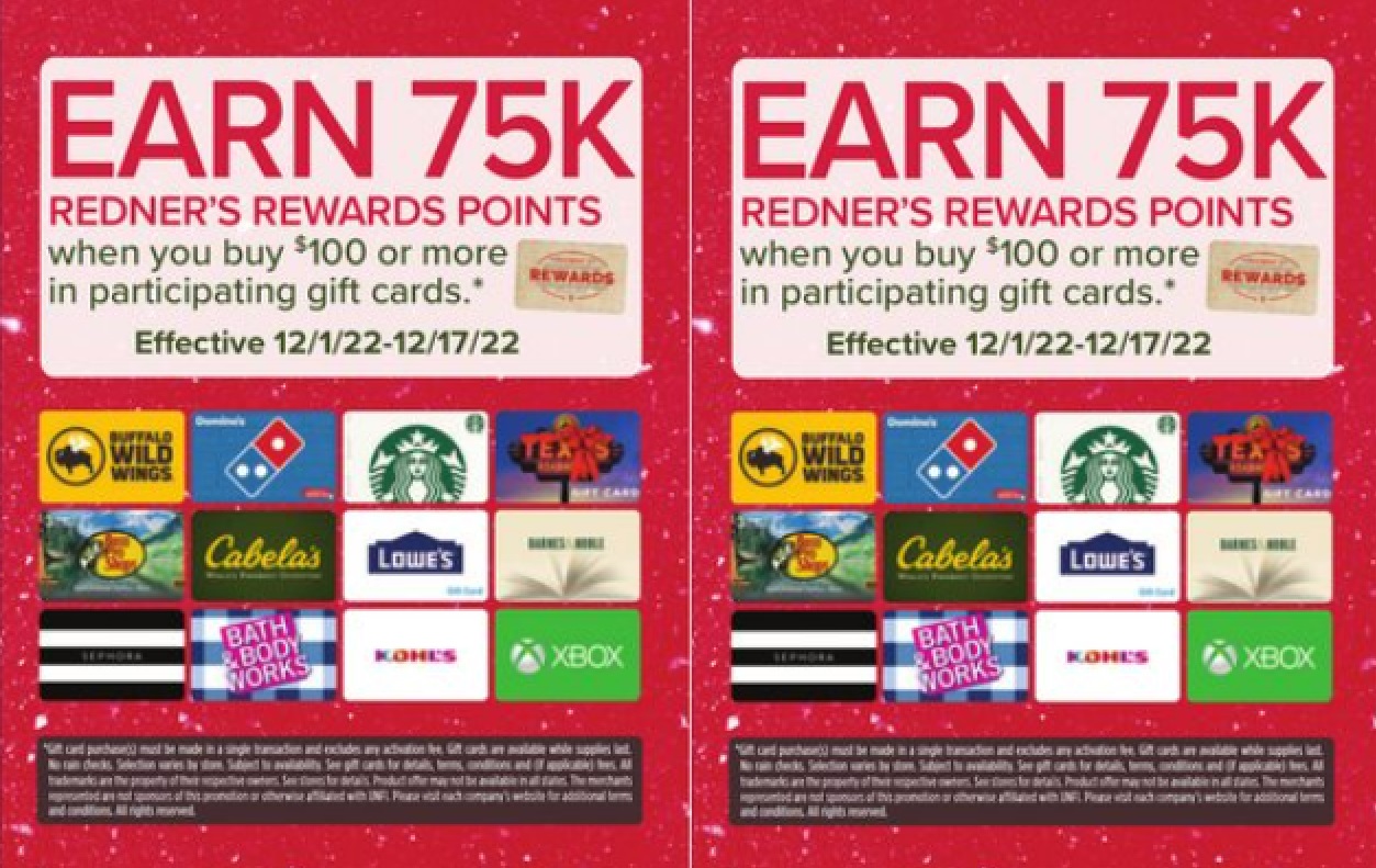 Expired) Redner's Markets: Buy $100 Select Gift Cards & Get 75K Redner's  Points (Lowe's, Starbucks, Sephora & More) - Gift Cards Galore