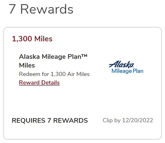 Safeway Just For U 7 Rewards 1,300 Alaska Airlines Mileage Plan Miles