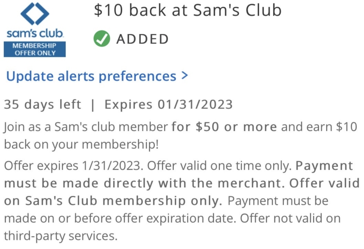 Sam's Club membership Chase Offer 01.31.23