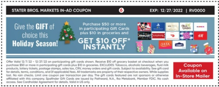 Stater Bros gift card deal 12.06.22.